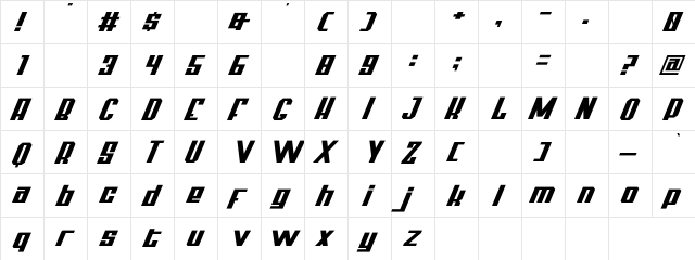 Thunderbold Demo Regular  glyph index