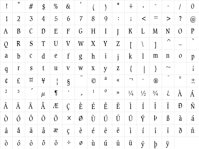 Clayton-Condensed Normal  glyph index