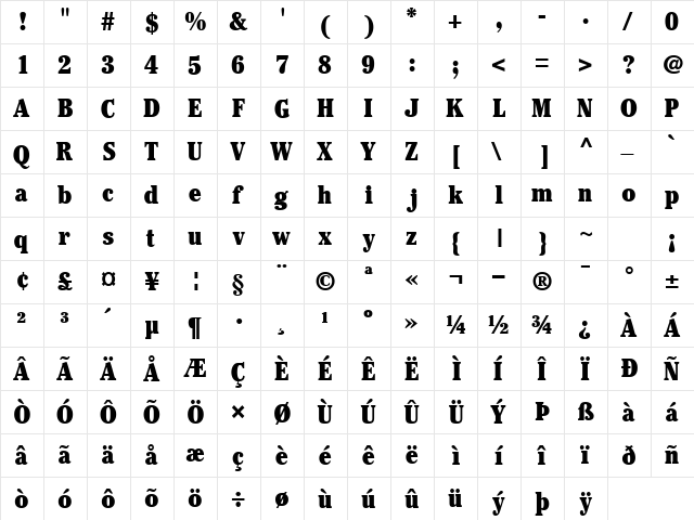 CheltenhamBlackCondSSK Regular  glyph index