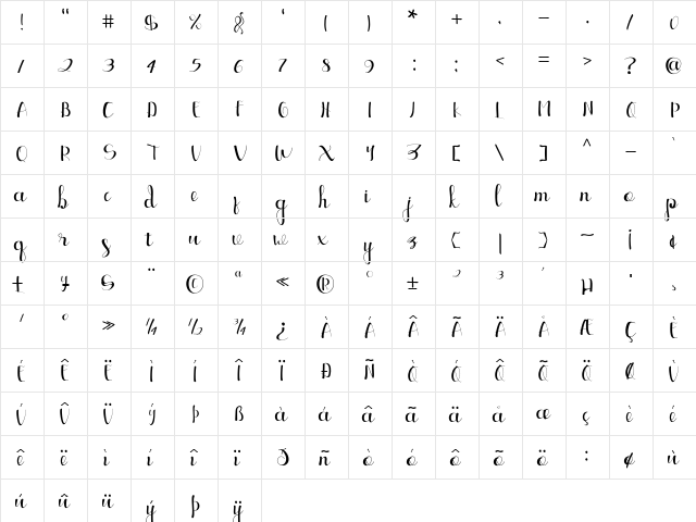 Ellic Script Regular  glyph index