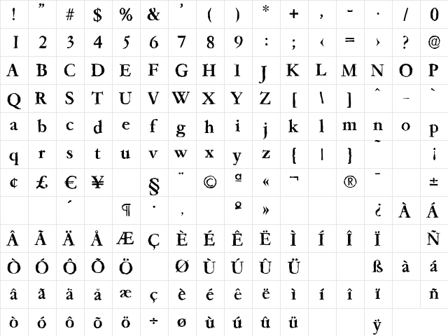 GarfeldAntique-Medium Regular  glyph index