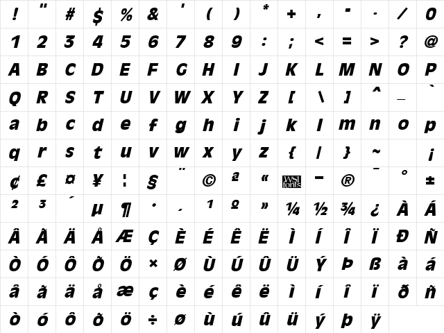 OliviaAntiqueBlack Italic  glyph index