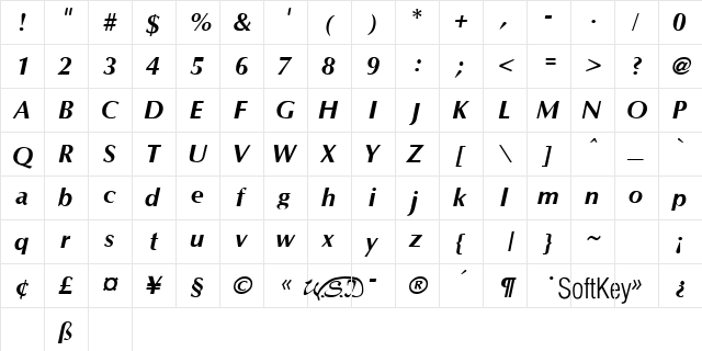 Optim Bold Italic  glyph index