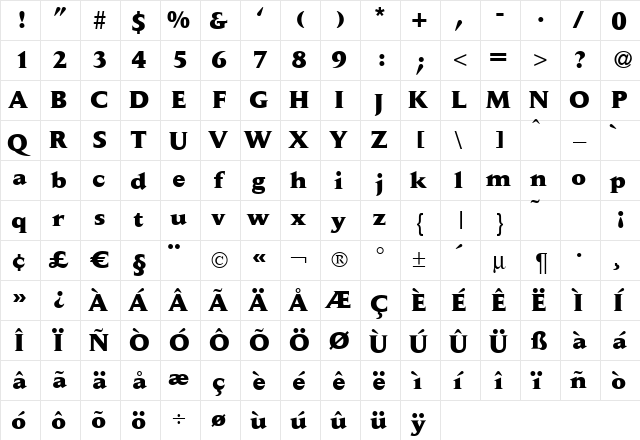 D650-Roman-Xbold Regular  glyph index