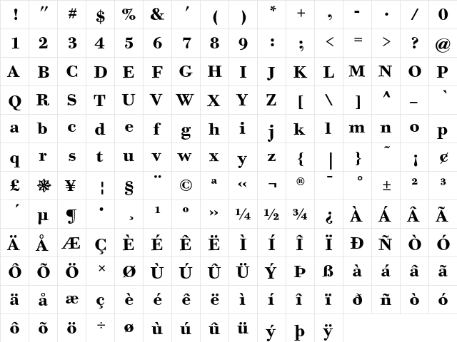 BodoniSixEF Bold  glyph index