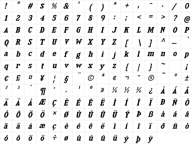 Kingsbridge SemiBold Italic  glyph index