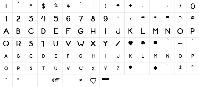 ZonoToon Bold  glyph index