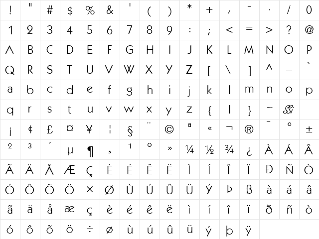 Performa Book SSi Book  glyph index