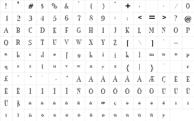 Bursten Regular  glyph index