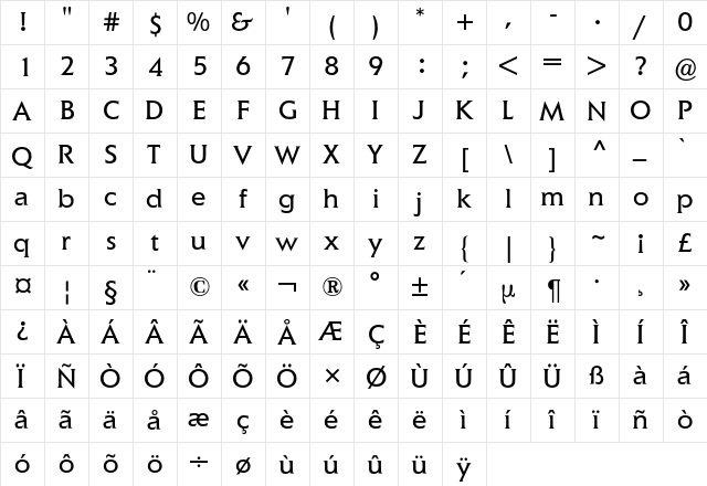 Elan BQ Regular  glyph index