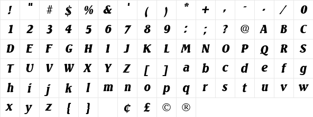 Vario Display SSi Italic  glyph index