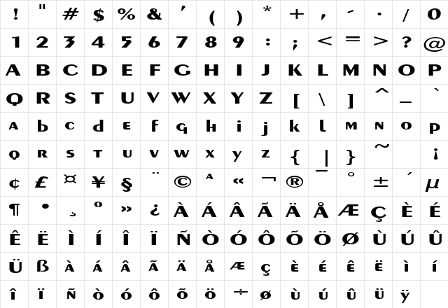 PenwinExtended Bold  glyph index