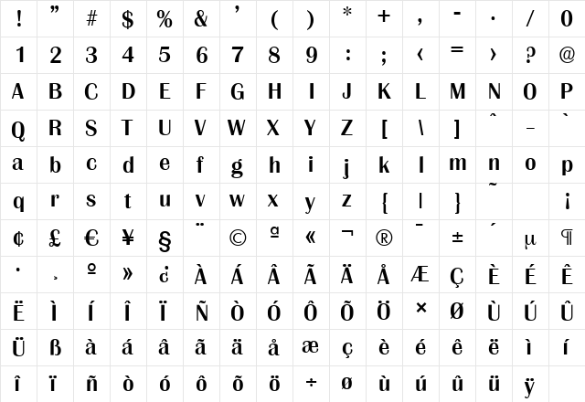 GrenobleSerial-Medium Regular  glyph index