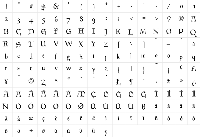 HinghamText Regular  glyph index