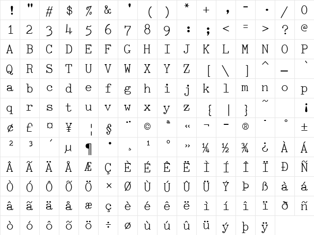 TiredOfCourier Plain  glyph index