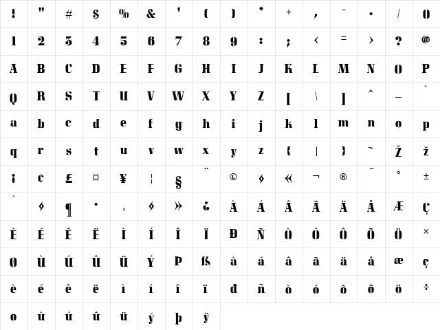 Skyline Regular  glyph index