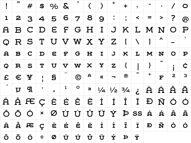 Grover Slab Caps Regular  glyph index