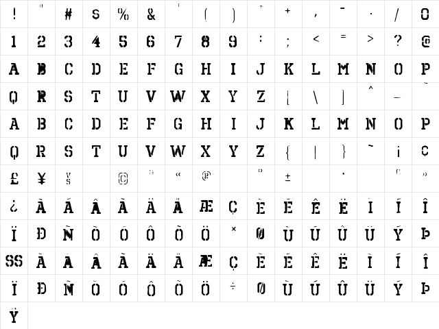 Octin Spraypaint B Bold  glyph index