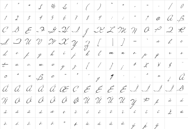 Miss Robertson Regular  glyph index
