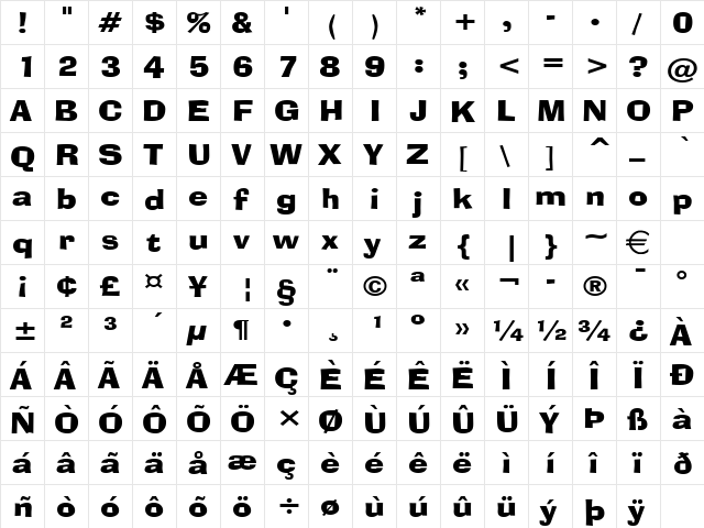 AlorWide Normal  glyph index