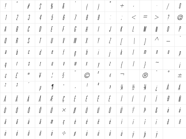 NovaLightUltraCondSSK Italic  glyph index