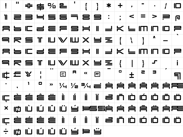 Yonder Recoil Regular  glyph index