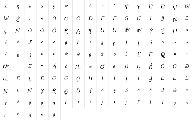 Summertime Extra Oblique Extra Oblique  glyph index