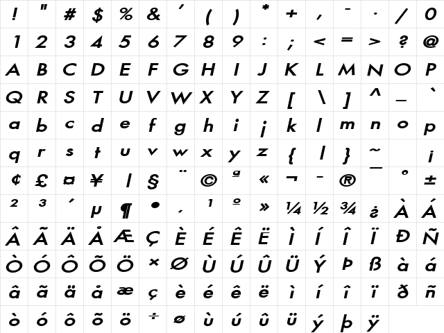 Fusi-Extended Bold Italic  glyph index