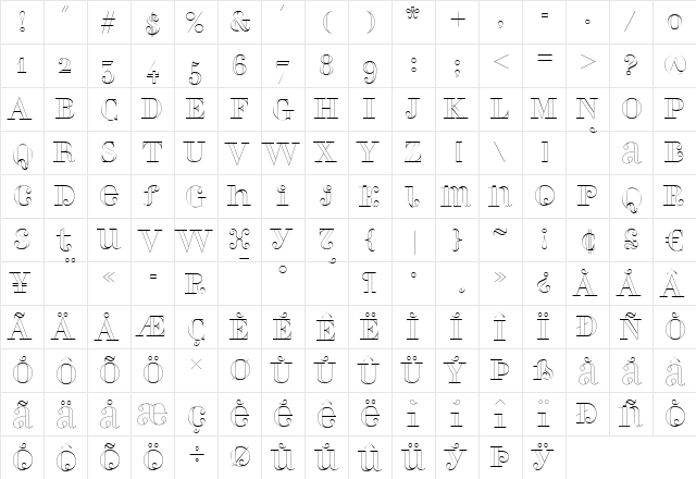 PerlaAlternateOutline Regular  glyph index