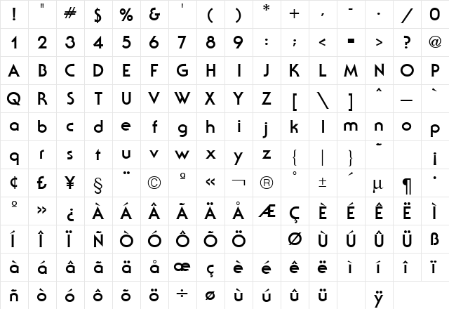 Serif Bold  glyph index