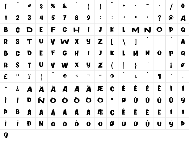 Comic Hunter Regular  glyph index