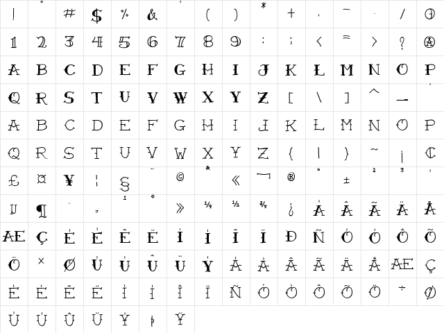 VTC-FreehandTattooOne Regular  glyph index