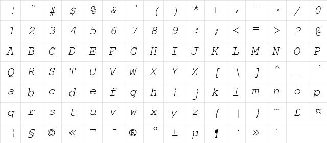 APCCourier-Oblique Regular  glyph index