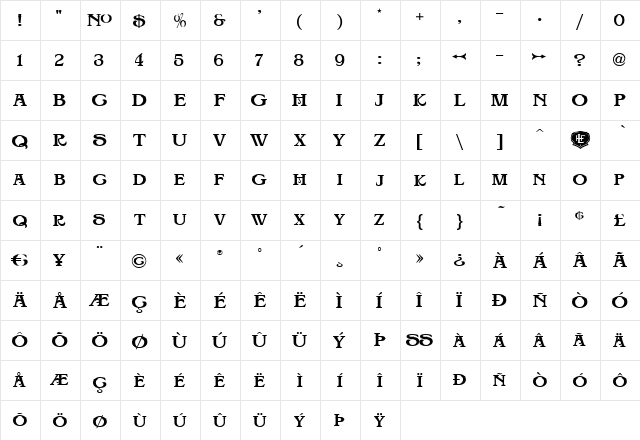 LHF BigTop REG Regular  glyph index
