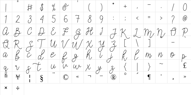 Kelly Leevan Regular  glyph index