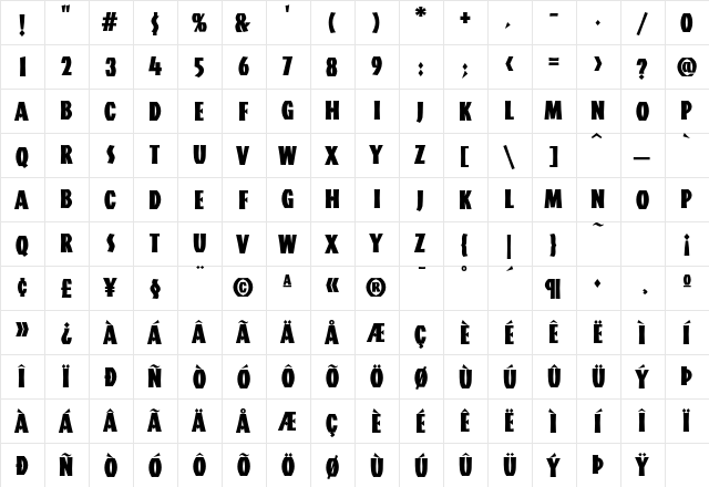 Aardvark FB Bold  glyph index