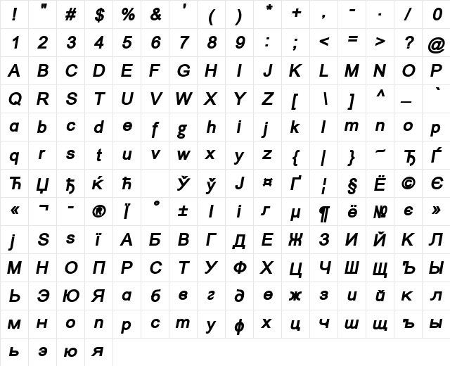 ER Univers 1251 Bold Italic  glyph index