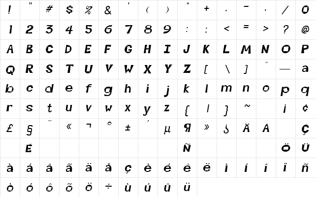 Kweilin Oblique  glyph index