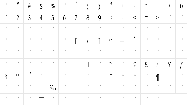 DundeeLightCondTab Regular  glyph index