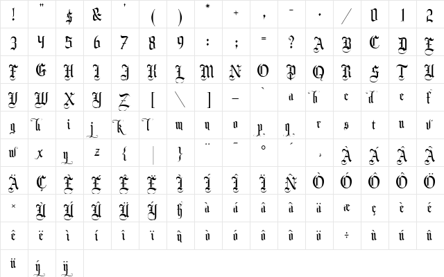 Monk Gothic  glyph index