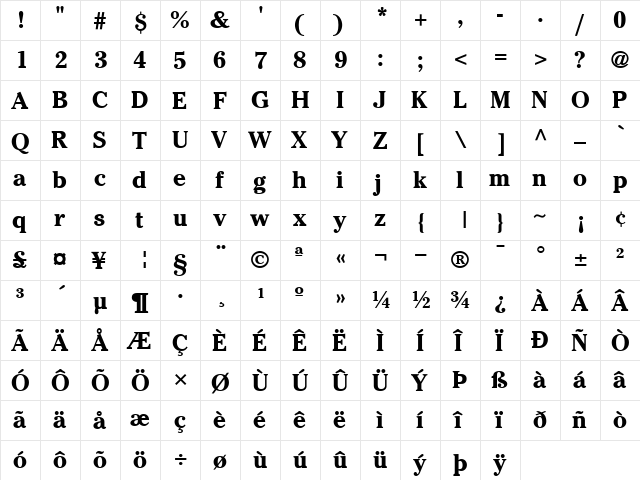 ITCCheltenham Bold  glyph index