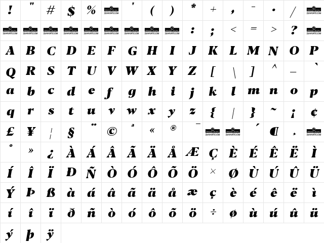 Blacker Text Heavy Italic  glyph index
