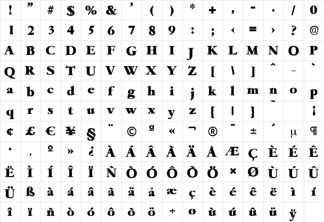 GarfeldSerial-Heavy Bold  glyph index