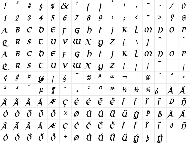 Valhalla Condensed BoldItalic  glyph index