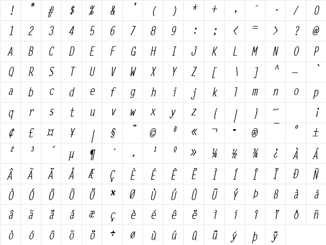 Lechter-Condensed Bold Italic  glyph index