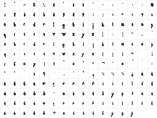 Cane Condensed Normal  glyph index