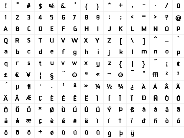 Downtempo Bold  glyph index