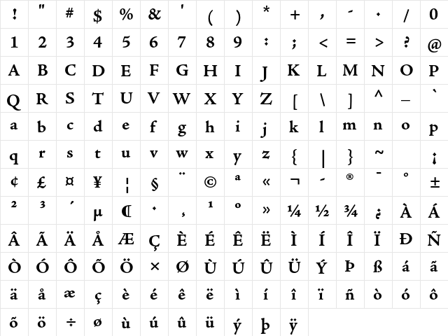 Adobe Jenson Pro Bold Caption  glyph index