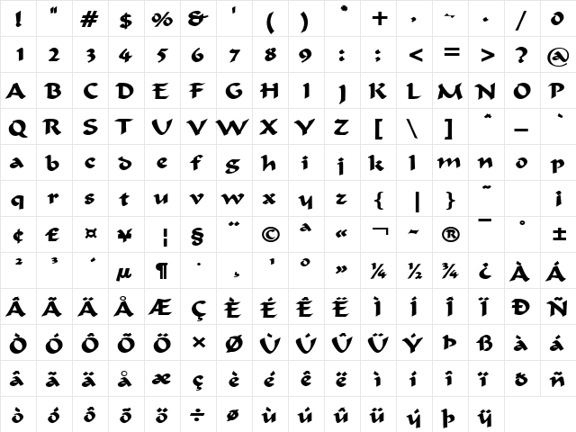 FlatBrush-Extended Bold  glyph index