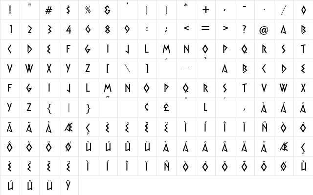Xebec Regular  glyph index
